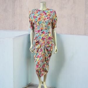 Vintage Just For Wraps California Abstract Watercolor Print Ruched Midi Dress